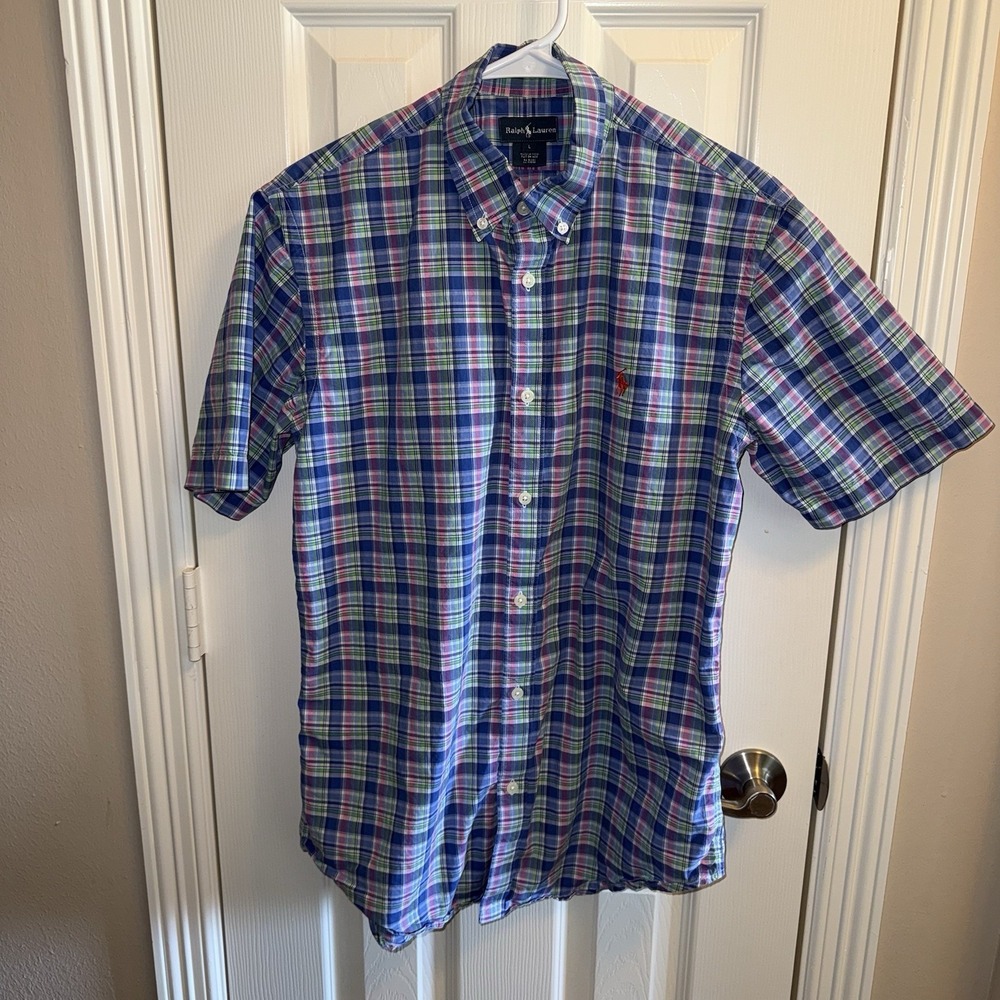 RALPH LAUREN Men Short Sleeve Casual Shirt Size Large Pink Blue Green Plaid